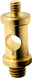 Kupo KS-014R -kameranastassa on pieni, pyöreä messinkirakenne, jossa on 3/8" ja 1/4" kierteitetyt nastat molemmissa päissä ja suuri pyöreä reikä keskellä.