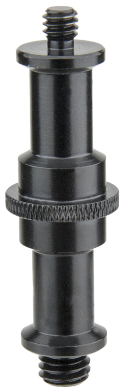 Kupo KS-017SB Universal 5/8" (16mm) Stud on musta, lieriömäinen metallisovitin, jossa on kierteitetyt päät ja kuvioitu keskikahva, joka on suunniteltu yhteensopivien komponenttien yhdistämiseen.