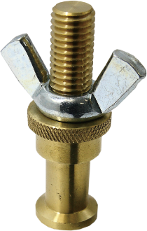 Kupo KS-018 16mm Stud M10-kierteellä on messinkinen akseli, ja siinä on hopeinen siipimutteri, joka näkyy tavallisella valkoisella pohjalla.