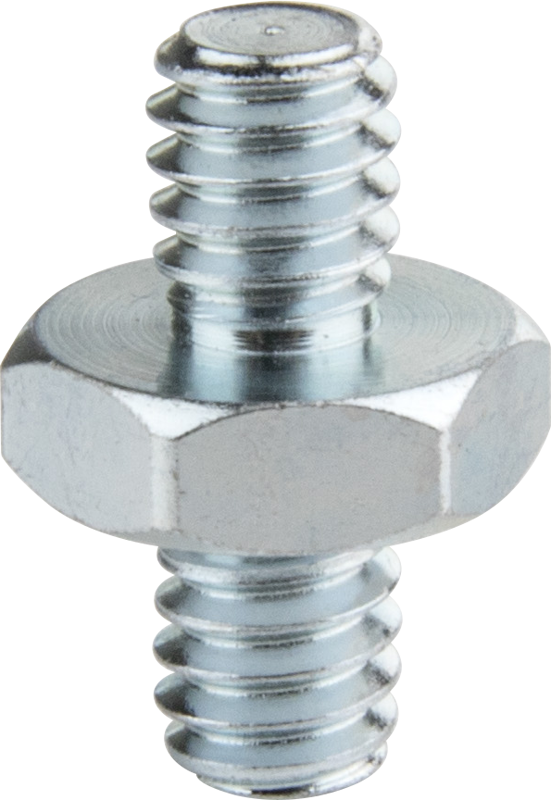 Lähikuva Kupo KS-051 1/4"-20 F - 1/4"-20 M -kierresovittimesta, joka on kaksipäinen metalliruuvi, jossa on kuusikulmainen keskiosa ja kierrepäitä molemmilla puolilla.