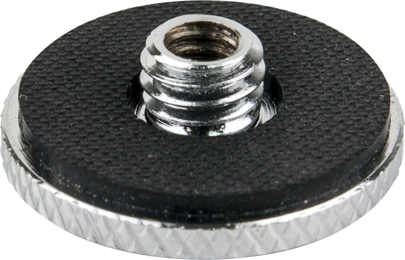 Lähikuva Kupo KS-064 naaras 1/4"-20-uros 3/8"-16 -kierresovittimesta, jossa on 1,18 tuuman laippa, ja jossa näkyy sen hopeinen metallirakenne ja keskeinen kierteinen aukko kameran tai laitteiden kiinnittämistä varten.