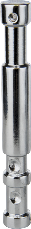 Lähikuva Kupo KS-074 Long Double Stud 5/8", kiiltävästä, lieriömäisestä metallisesta liittimestä, jossa on reikiä ja uria ja joka on suunniteltu turvalliseen kiinnitykseen ammattimaisissa valaistus- tai takilointiasennuksissa, kuvattuna tavallista taustaa vasten.