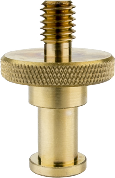 Lähikuva Kupo KS-075 Adapter Stud to 3/8"-16 Thread, jossa näkyy sen nupukoitu kahva, kierteitetty yläosa ja sylinterimäinen messinkinen pohja vaaleaa taustaa vasten.