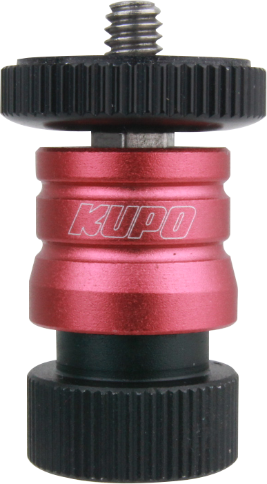 Lähikuva punamustasta Kupo KS-085 pikalukitussovittimesta 1/4"-20 uros - naaras, jossa on kaksi kuvioitua pyöreää mustaa nuppia ja metallinen ruuvi yläosassa, jota käytetään kameravarusteiden kiinnittämiseen tai säätämiseen.