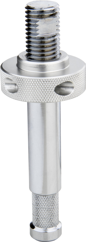 Lähikuva Kupo KS-091 5/8" Light Stud for 3 and 4 Way Clamps -valopultista, joka on metallinen, sylinterimäinen osa, jossa on kierteitetty yläosa, nupukoitu keskiosa, upotetut sivureiät ja kuvioitu kahva molemmissa päissä.