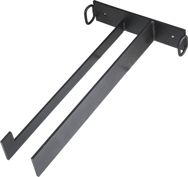 Kupo KS-119B C-Stand Door Rack on musta metallinen, seinään kiinnitettävä kannatin, jossa on kaksi yhdensuuntaista käsivartta ja ylöspäin suuntautuvat koukut tavaroiden järjestämiseen tai säilyttämiseen.