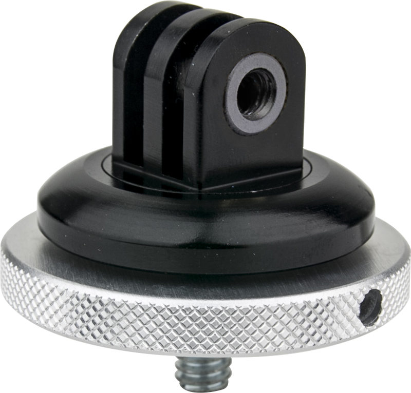 Lähikuva Kupo KS-124 Metal GoPro Tripod Mount -jalustakiinnikkeestä, jossa on 1/4"-20 uroskierre pohja ja kaksoiskierre yläosassa, ihanteellinen GoPro-kameroiden tai lisävarusteiden kiinnittämiseen.