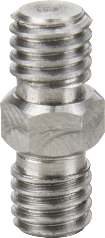 Lähikuva Kupo KS-128 3/8" M-3/8" M Adapter Spigot -metalliliittimestä, jossa on kuusikulmainen keskiö ja molemmissa päissä uroskierteet ja joka on suunniteltu putkien tai letkujen yhdistämiseen.