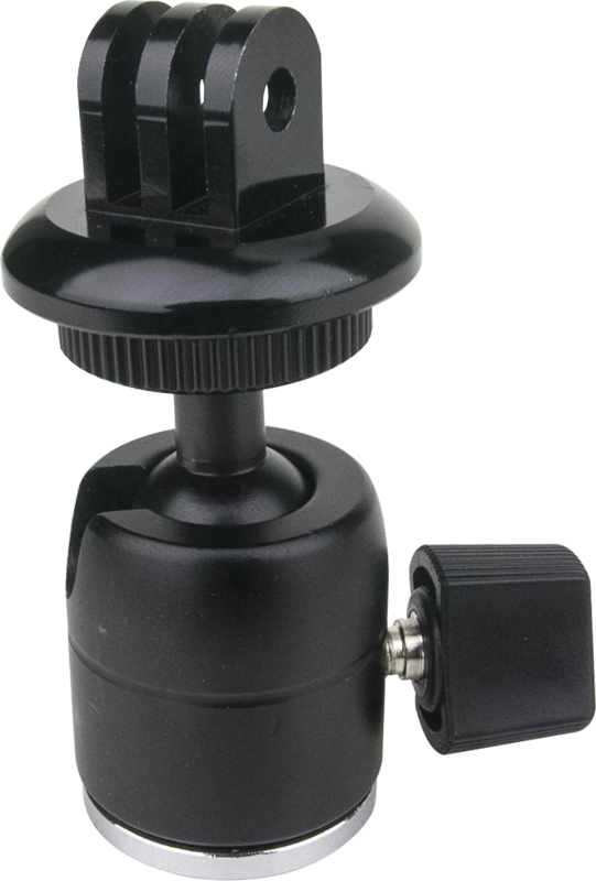 Kupo KS-133 Gopro Tripod Mount with Ball Head Adapter on musta kiinnike, jossa on ruuvinuppi kulman säätöä varten ja joka on suunniteltu kameroiden tai lisävarusteiden kiinnittämiseen kolmijalkaan tai muuhun tukeen.