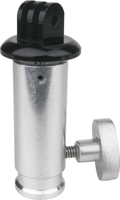 Kupo KS-136 GoPro Tripod Mount with Baby Receiver on metallista ja muovista valmistettu lieriömäinen sovitin, jossa on musta yläkiinnike ja hopeinen sivukiristysnuppi.