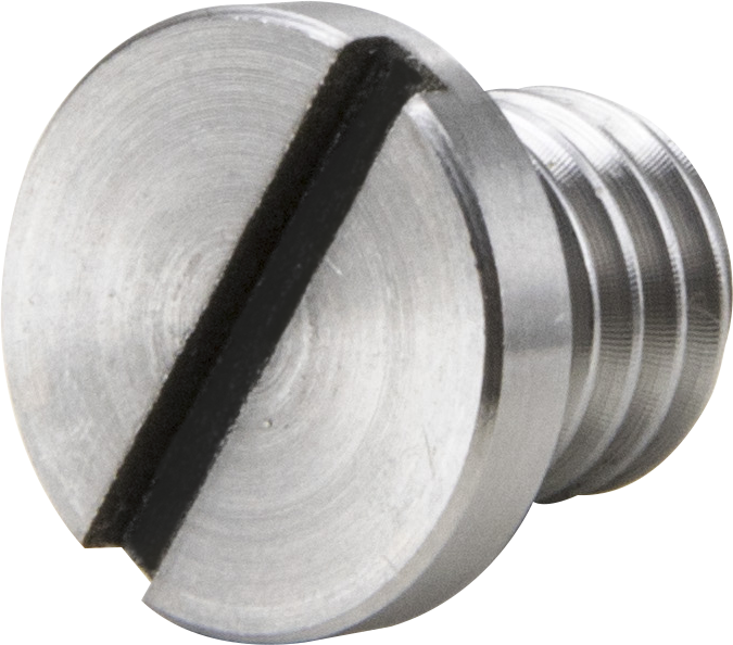 Lähikuva Kupo KS-150 3/8"-16 kameraruuvista, jossa on metallinen litteä pyöreä pää, jossa on ura ja kierteitetty runko, valkoista taustaa vasten.