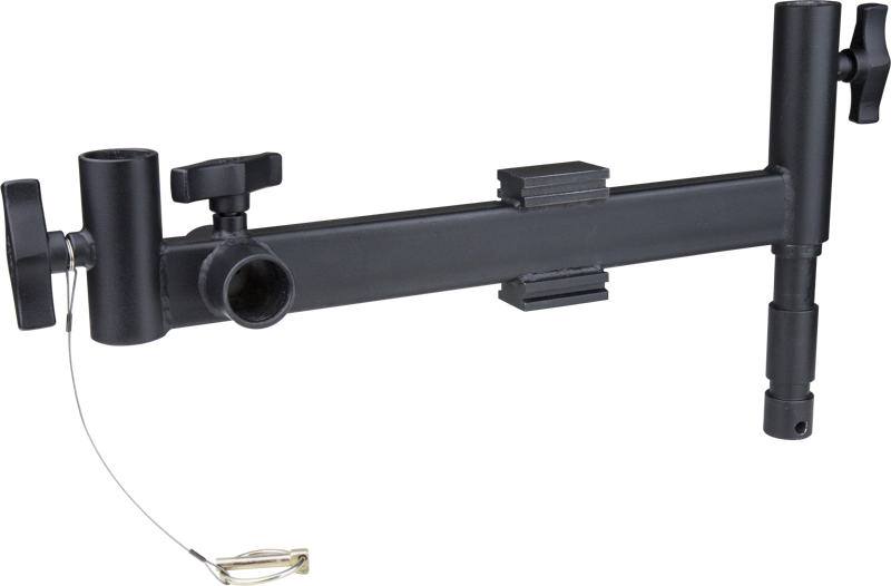 Kupo KS-164B Panel Offset Arm on musta metallinen kameran kiinnitysvarsi, jossa on säädettävät nupit, vaijerissa oleva turvatappi ja liukukomponentti tarkkaa asemointia varten.