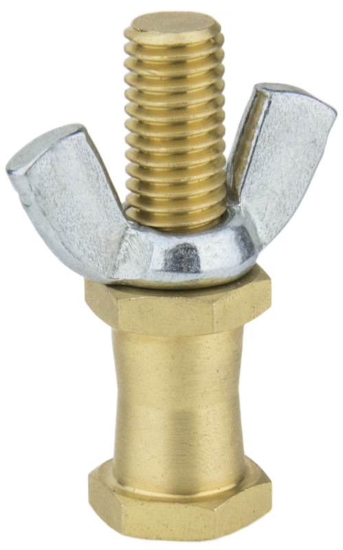 Lähikuva Kupo KS-018H Hex 16mm Stud with M10 Thread, jossa on messinkipultti, kuusiomutteri ja hopeinen siipimutteri kiinnitettynä kierteiseen päähän.