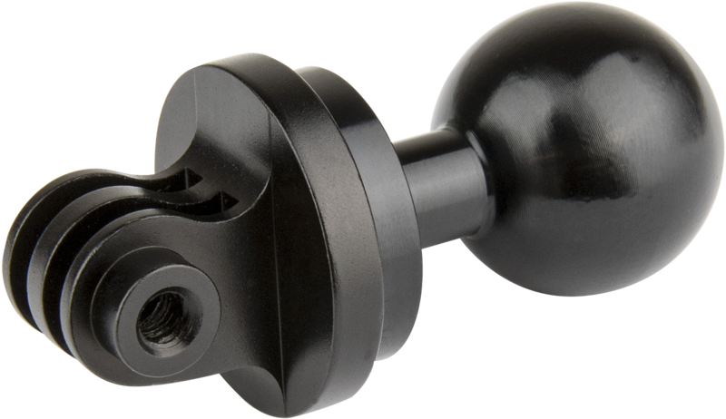 Kupo KS-402 GoPro Holder -pidikkeessä on musta, pallomainen 26 mm:n pallonivel säädettävää asentoa varten ja kierrereikä lisävarusteiden tai laitteiden kiinnittämistä varten.