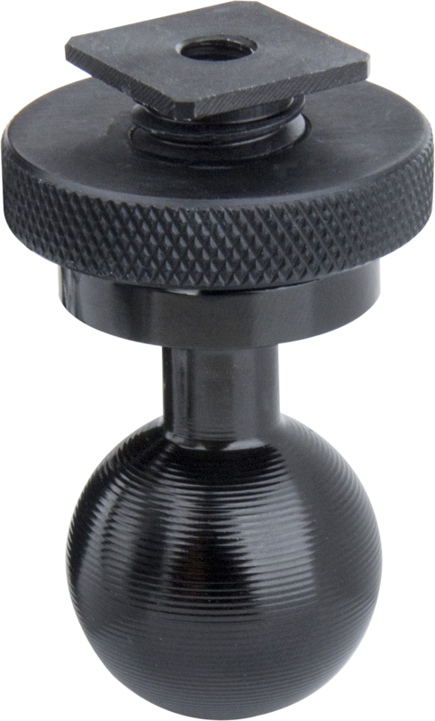 Lähikuva KUPO KS-407 Dia. 26mm Ball with Cold Shoe Adapter - mustalla metallisella kuulapäällä, ruudullisella kiristysrenkaalla ja litteällä kiinnityslevyllä kameroiden tai lisävarusteiden kiinnittämiseksi jalustoihin tai kiinnikkeisiin.