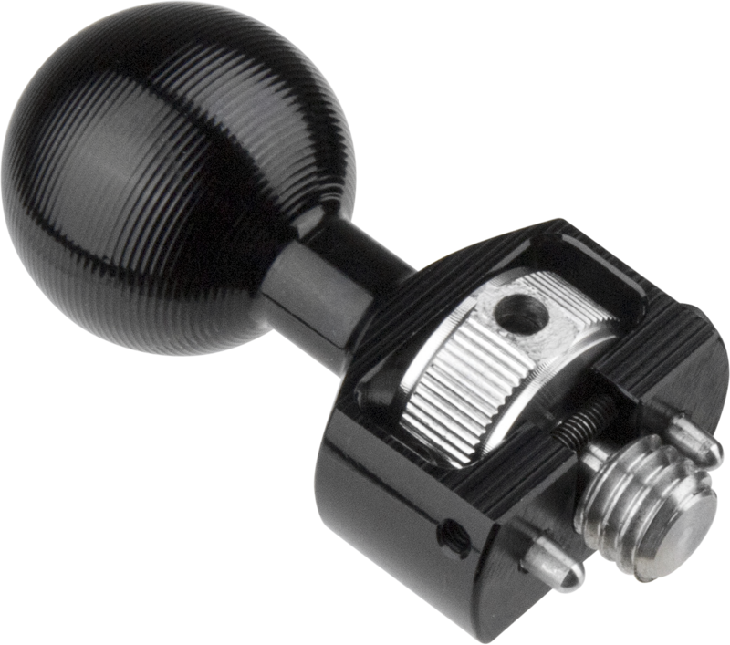 Lähikuva KUPO KS-426 Dia. 26mm Ball with 3/8''-16 Anti-Rotation Screw, jossa on kuvioitu pyöreä pää ja metallinen ruuvimekanismi kameran tai sukellustarvikkeiden kiinnittämistä varten.