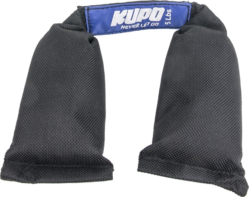Kupo KSW-10 Wrap & Go Shot Bag 4.6kg on musta kankainen satulalaukkutyylinen paino, jossa on kaksi yhdistettyä pussia ja sininen KUPO NEVER LET GO -merkki kahvassa.