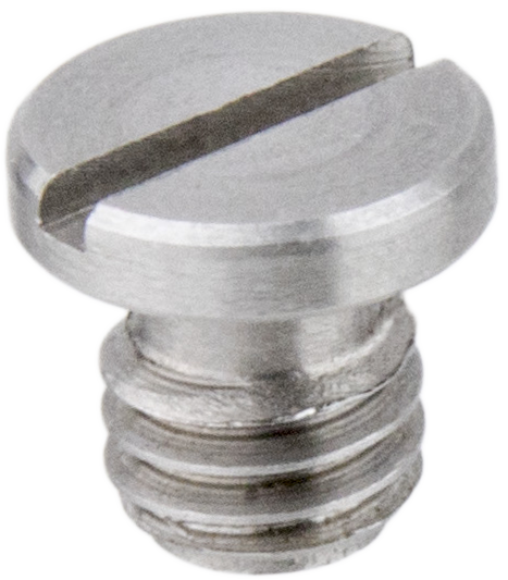 Lähikuva Kupo KS-153 3/8"-16-14x13 -kameraruuvista, jossa on litteä pää, ura ja kierteitetty akseli litteäpäisellä ruuvimeisselillä käytettäväksi.