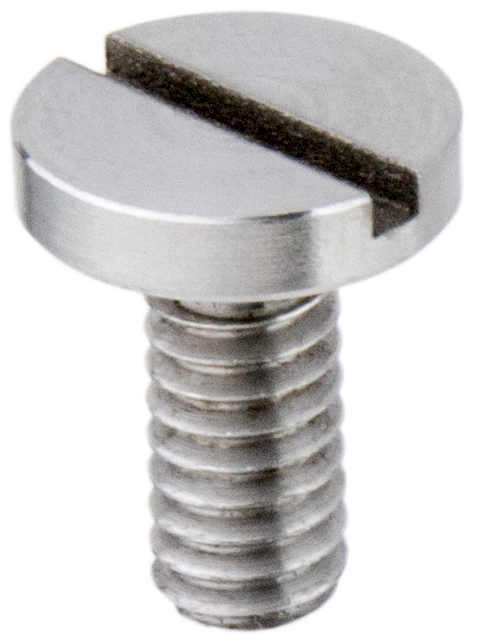 Lähikuva Kupo KS-165 1/4"-20-14x17 -kameraruuvista, jossa on litteä, pyöreä urainen pää litteäpäistä ruuvimeisseliä varten ja näkyvä kierreakseli tavallista taustaa vasten.