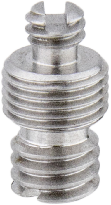 Lähikuva Kupo KS-183 3/8"-16 M-M10-1/4"-20 urossovittimesta, metallisesta ruuvista, jossa on kaksoiskierre ja urainen pää eri kierrekokoja käyttävien laitteiden liittämiseen.