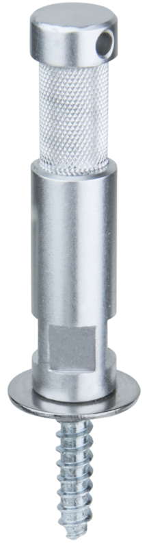 Lähikuva Kupo KS-286 16mm Baby Pin with Screw for Wood, jossa on rullattu sylinterimäinen kahva, sileä pyöristetty pää, jossa on reikä, aluslevy ja kierretty ruuviakseli alareunassa.