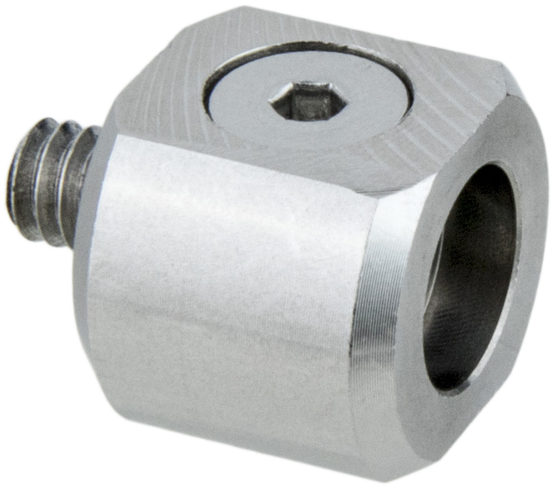 Lähikuva Kupo KS-341 1/4"-20 uroskärjestä Rock's Armille, jossa on kuusikulmainen runko, jossa on kierteitys toisessa päässä ja pyöreä aukko toisessa päässä.