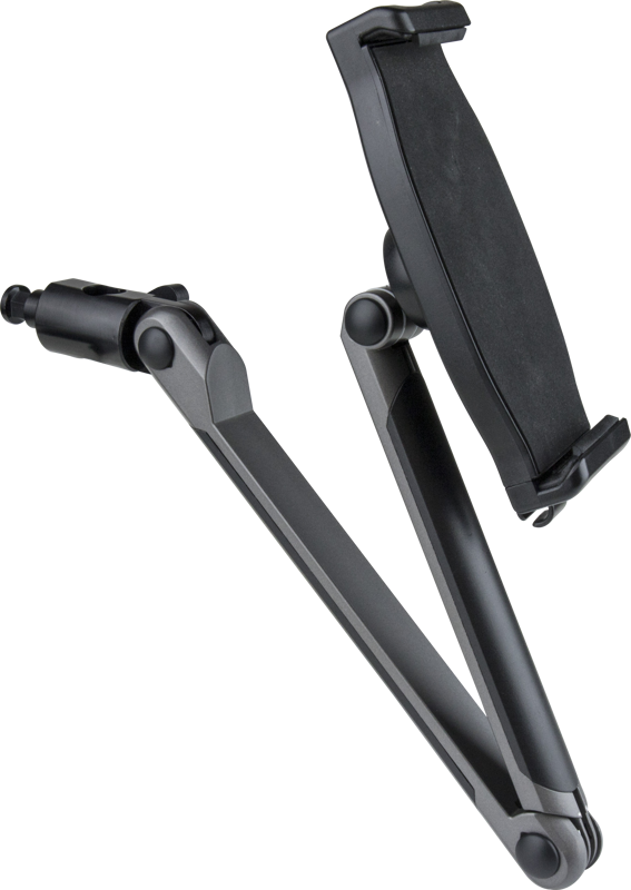 KUPO KS-570 Tablet Holder with Baby Stud -tablettitelineessä on säädettävät varret ja kiinnitin laitteen kiinnittämistä varten, kuvassa vaaleanharmaalla pohjalla.