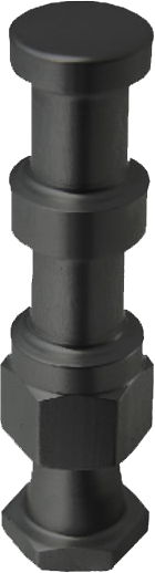 Kupo KS-020B 5/8" Compact Alu. Snap In Pin (musta) on sylinterimäinen metalliakseli, jossa on kaksi korotettua rengasta ja kuusiomutterit, ja se tarjoaa tyylikkään, teollisen ulkonäön, joka on ihanteellinen kiinnitys- tai takilointisovelluksiin.