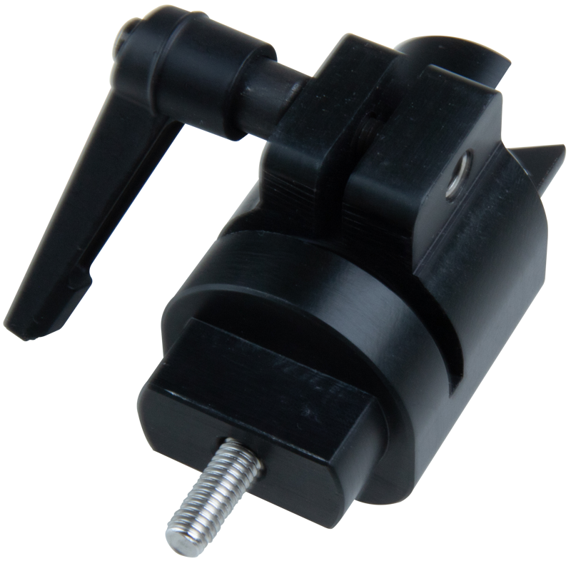 Kupo KS-247 Steadicam Tilt Dock Adapter on musta muovista ja metallista valmistettu puristin, jossa on vipukahva, lieriömäinen runko ja hopeinen ruuvi laitteiden kiinnittämistä tai säätämistä varten.