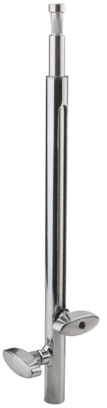 Kupo 025 Telescopic Baby Stand Extension on metallinen, säädettävän korkuinen tanko, jossa on sylinterimäinen runko, nuppi yläosassa ja vaakasuora kiristyskahva lähellä alaosaa.