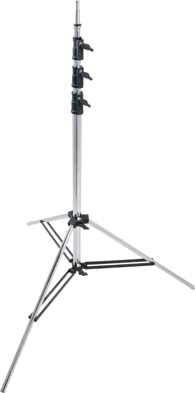 Kupo 145M Heavy-Duty Baby Stand on hopeanvärinen metallinen valoteline, jossa on kolme säädettävää osaa, mustat kiristysnupit ja kolme levennettyä jalkaa vakauden takaamiseksi, kuvassa valkoista taustaa vasten.