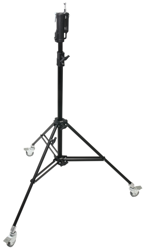 KUPO 228MB Master Combo Stand w/ Caster (musta) on musta metallinen kolmipyöräinen kolmijalkainen, lukittava jalusta, jossa on säädettävä korkeus ja joka on suunniteltu kameroiden tai valojen kiinnittämiseen.
