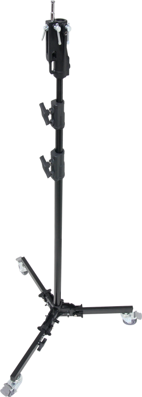 The Kupo 360M Aluminum Studio Stand is a black adjustable tripod with three lockable clamps and wheels, ideal for supporting equipment such as lights and cameras.
