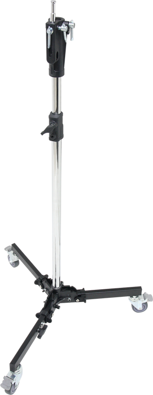 Kupo 380M Steel Studio Stand is a metal tripod with adjustable height and three movable wheels, shown in light grey.