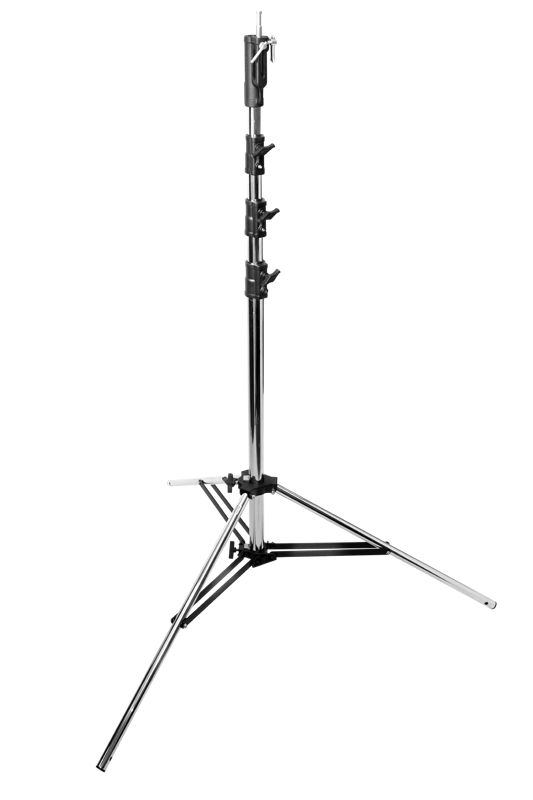 The Kupo 653MR Steel Senior Stand is a silver-coloured, adjustable metal tripod stand with three extended legs and several locking brackets, shown against a white background.