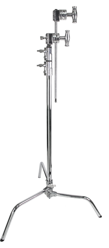 The Kupo CS-20MK 20" C Stand w/ Sliding Leg Kits (silver) is designed for photography and film production to support lighting equipment and accessories, with adjustable arms and handles.