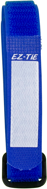 Pakkaus 10 sinistä KUPO EZ-Tie -kaapelikiinnikettä (2cm x 41cm), joissa jokaisessa on valkoinen suorakulmainen etikettialue ja musta muovisolki, ihanteellinen tavaroiden kiinnittämiseen tai järjestämiseen.