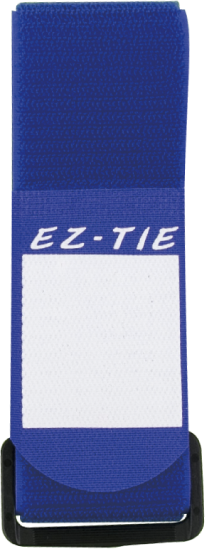 Sininen KUPO EZ-Tie -kaapelikahva (5cm x 60cm), jossa on valkoinen merkintä "EZ-TIE", ja jossa on tyhjä valkoinen suorakaiteen muotoinen alue merkinnän alapuolella ja musta solki alareunassa. Pakkaus 5 kpl.