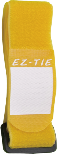 Keltainen KUPO EZ-Tie -kaapelikahva (5cm x 60cm), jossa on merkintä EZ-TIE ja sen alla tyhjä valkoinen suorakulmainen tila, joka on suunniteltu tavaroiden järjestämiseen tai kiinnittämiseen. Pakkaus sisältää 5 kappaletta.