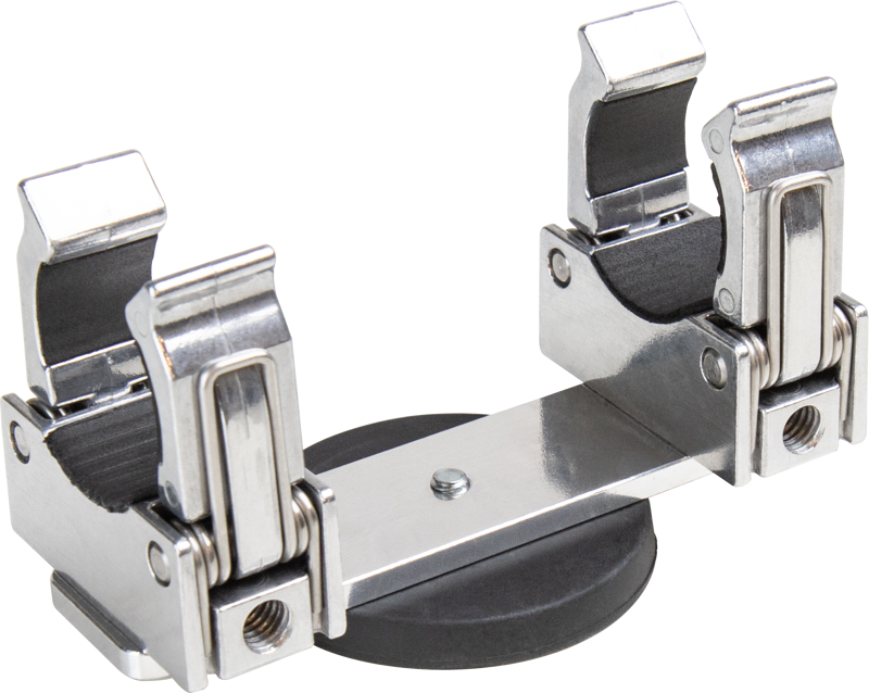 The KUPO KCP-387 Universal Single LED Tube Holder With Magnet is a metal and plastic tool with two adjustable spring-loaded holders and a round black magnetic base to hold objects securely in place.