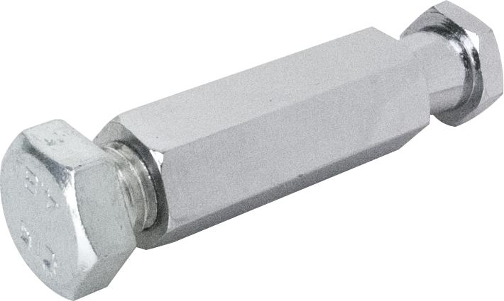 Kupo KS-006 M12 x 35 -kierteinen hylsy, metallinen kuusiokantamutteri, jonka molemmissa päissä on pultit, on esitetty vinosti valkoisella pohjalla.