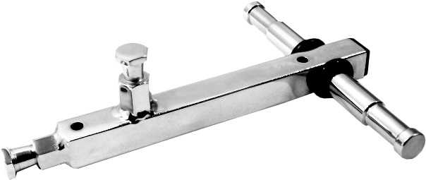 Kupo KS-010 Offset Arm on metallityökalu, jossa on suorakulmainen keskitanko, kaksi sylinterimäistä kahvaa molemmissa päissä ja säädettävä nuppi, jota käytetään mekaanisten osien kiristämiseen tai säätämiseen.