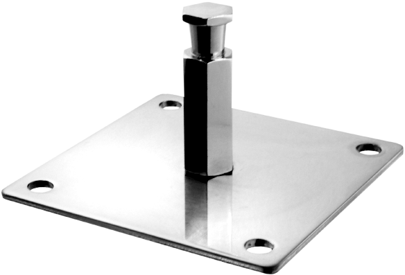 Kupo KS-011 100mm Square Mounting Plate -levyssä on neljä kulmareikää ja keskellä korotettu kuusikulmainen pylväs, jossa on pienempi kuusikulmainen korkki, kaikki kiillotetulla, heijastavalla metallipinnalla.