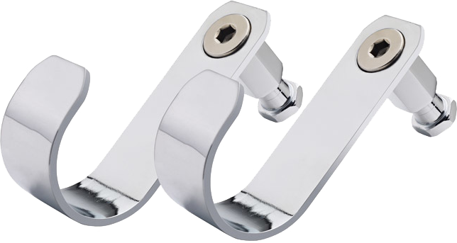 Kaksi Kupo KS-012 Swivel U-koukkua, joissa on kiiltävä metallinen viimeistely, moderni kaareva muotoilu ja kuusikulmaiset kiinnityspultit, on esillä valkoista taustaa vasten.