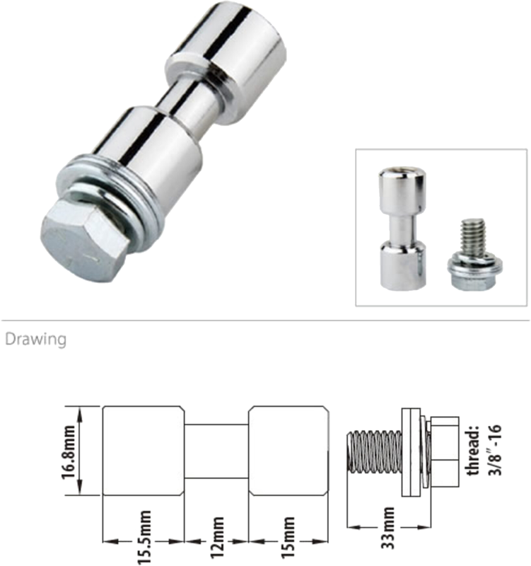 Kupo KS-013F 17mm Spigot, kromattu, 3/8 "-16 naaraskierteellä on kuusiokolopulttipää ja lieriömäinen runko. Kuvattu koottuna/purettuna; tekniset piirustustiedot: 16,8mm halkaisija, 33mm pituus ja muut mitat.