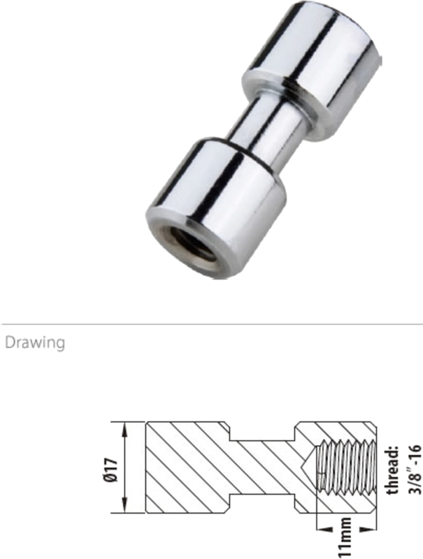 Kuvassa on Kupo KS-013FS 17mm Spigot, kromattu ja 3/8"-16 sisäkierteellä, teknisen piirustuksen yläpuolella, jossa on yksityiskohtaiset tiedot sen 17mm halkaisijasta ja 11mm pituudesta.