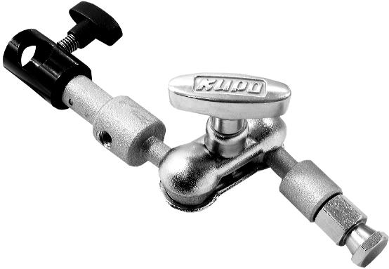 Kupo KS-019 Swivel Extension Arm with 5/8" Socket on hopeanvärinen ja musta metallinen nivelvarsi, jossa on säätönupit ja keskeinen lukituskahva, ihanteellinen valokuvauksen tai videotuotannon laitteiden kiinnittämiseen.