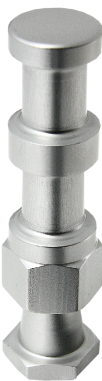 Lähikuva Kupo KS-020 5/8" Compact Aluminum Snap In Pin, metallinen sylinterimäinen komponentti, jossa on useita osia, joissa on sileät, pyöristetyt pinnat ja kuusikulmainen mutteri pohjassa, joka on suunniteltu mekaaniseen tai teolliseen käyttöön.