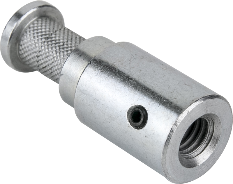 Lähikuva Kupo KS-037 16 mm:n urosadapterista 3/8", pienestä lieriömäisestä metallikomponentista, jossa on kuvioitu kahva, kierteitetty reikä toisessa päässä ja sivuruuvi.