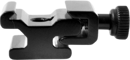 Lähikuva Kupo KS-039 Adjustable Cold Shoe Mountista, mustasta metallisesta sovittimesta, jossa on oikeanpuoleinen nuppi, joka on suunniteltu lisävarusteiden kiinnittämiseen kameran kuumaan kenkään.